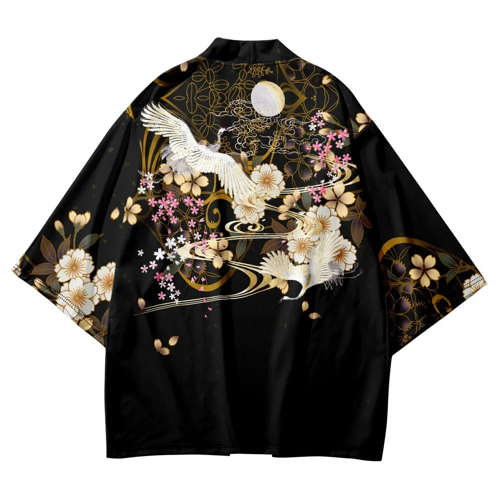 Japanese-themed White Crane Black Gold Unisex Kimono-Kawaii Dream
