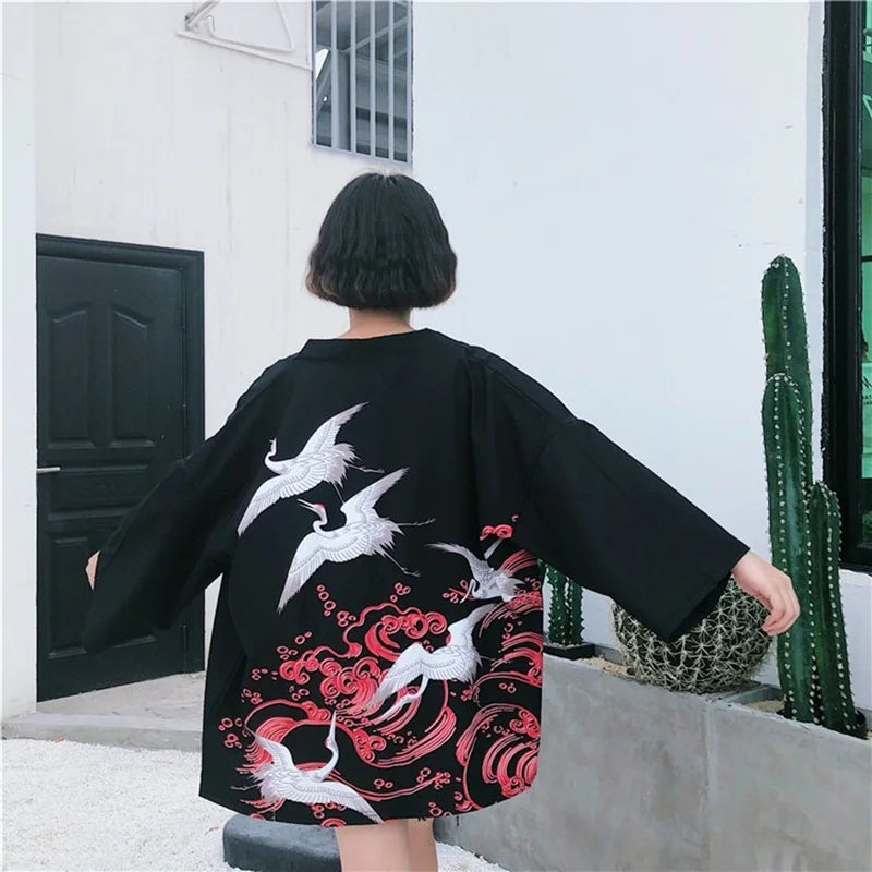 Japanese-themed White Cranes Red Black Women's Kimono-Kawaii Dream