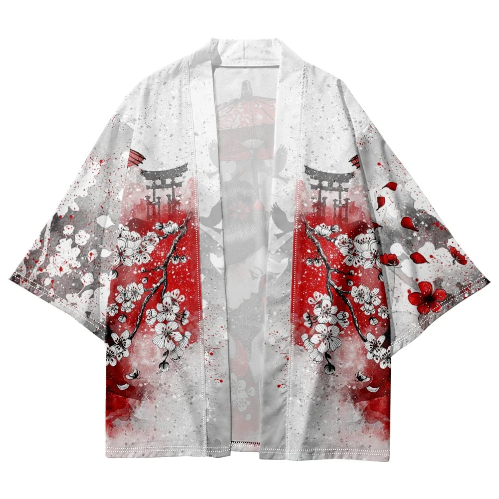 Japanese-themed White Kimono Lady Red Sakura Unisex Kimono-Kawaii Dream