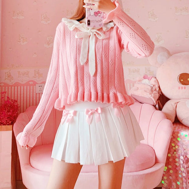 Kawaii Bow White Pleated Mini High-Waist Short Skirt-Kawaii Dream
