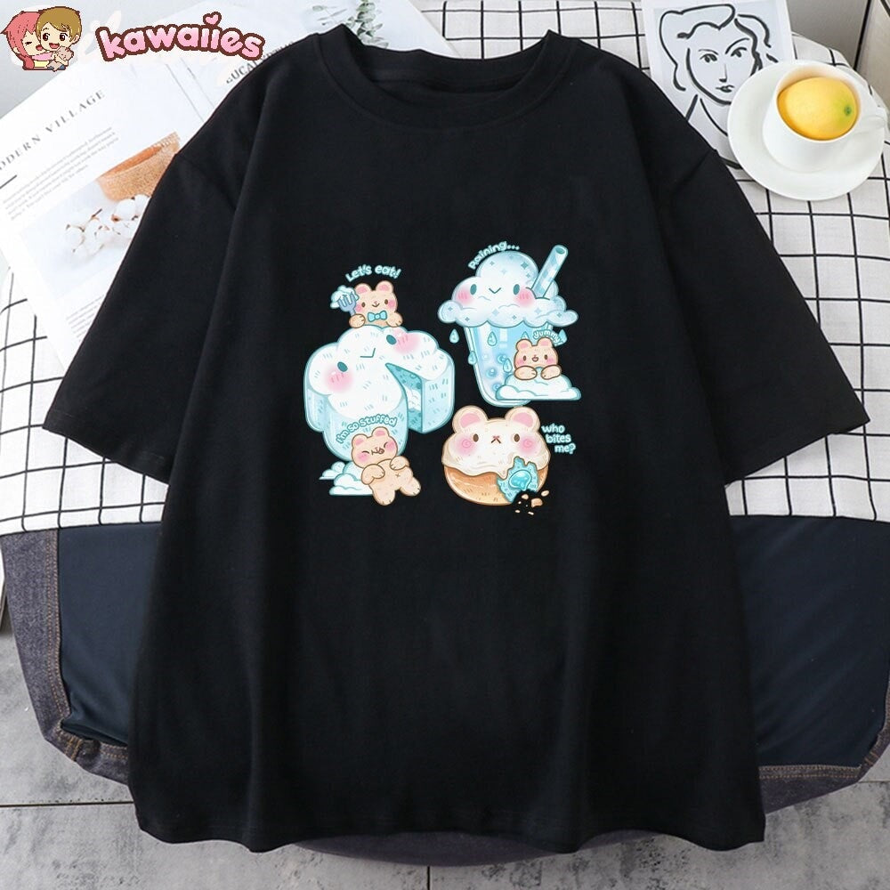 Kawaii Cloudy Snacking Brown Bear Unisex Tee-Kawaii Dream