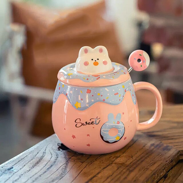 Kawaii Donut Bunny Ceramic Mug With Lid + Spoon-Kawaii Dream