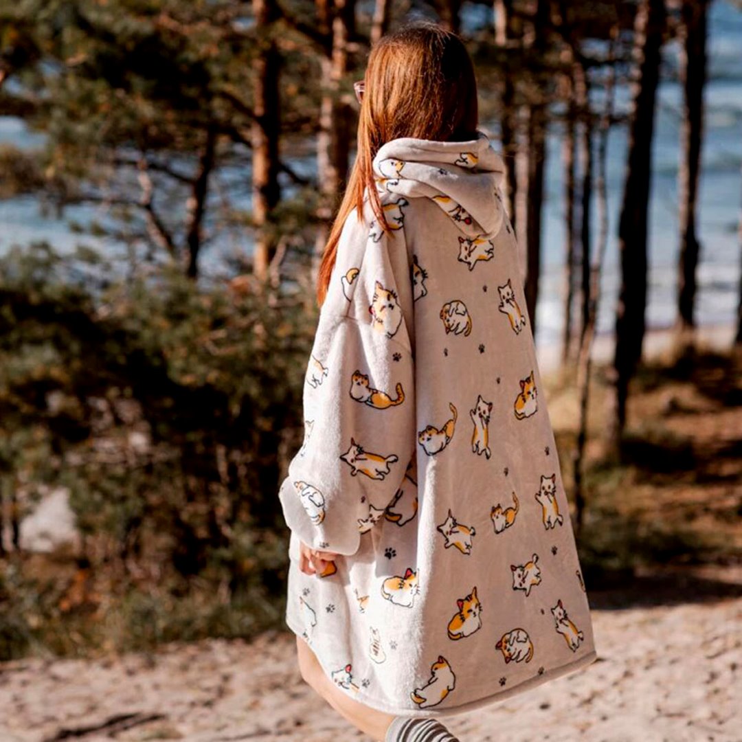 Kawaii Ginger Cat Oversized Thick Blanket Hoodie-Kawaii Dream