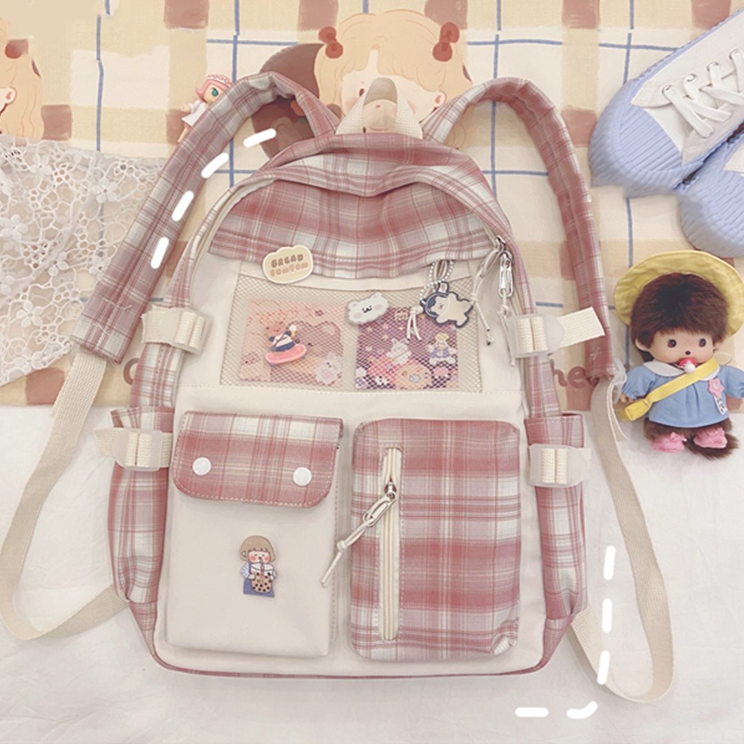 Kawaii Large Checked Multi-Pocket Backpack-Kawaii Dream