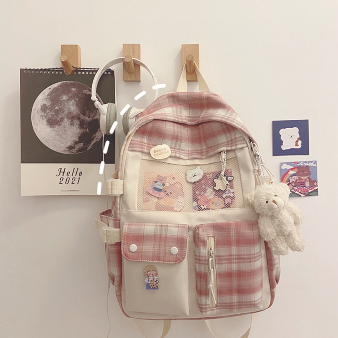 Kawaii Large Checked Multi-Pocket Backpack-Kawaii Dream