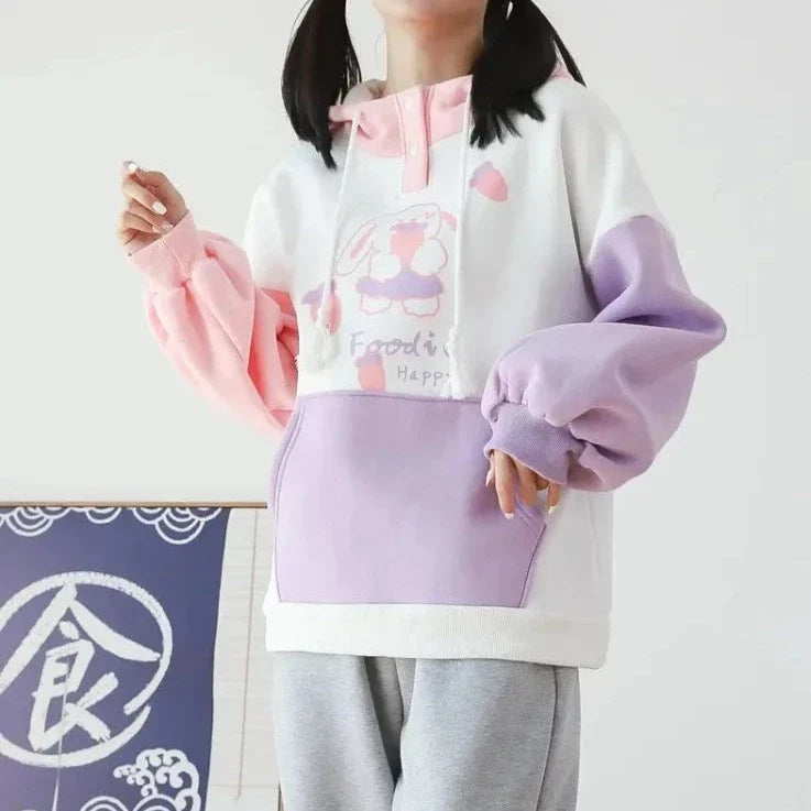 Kawaii Pink Purple White Bunny Strawberry Three-tone Hoodie-Kawaii Dream
