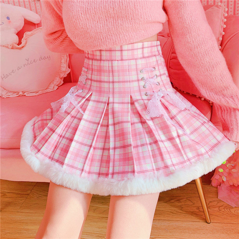 Kawaii Pleated Mini Pink Women Skirt with Lace, Fur, & Shorts-Kawaii Dream