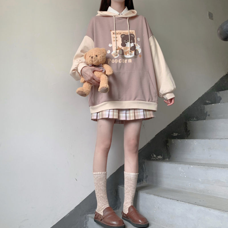 Kawaii Popcorn Brown Bear Loose Fit Two-Tone Hoodie-Kawaii Dream