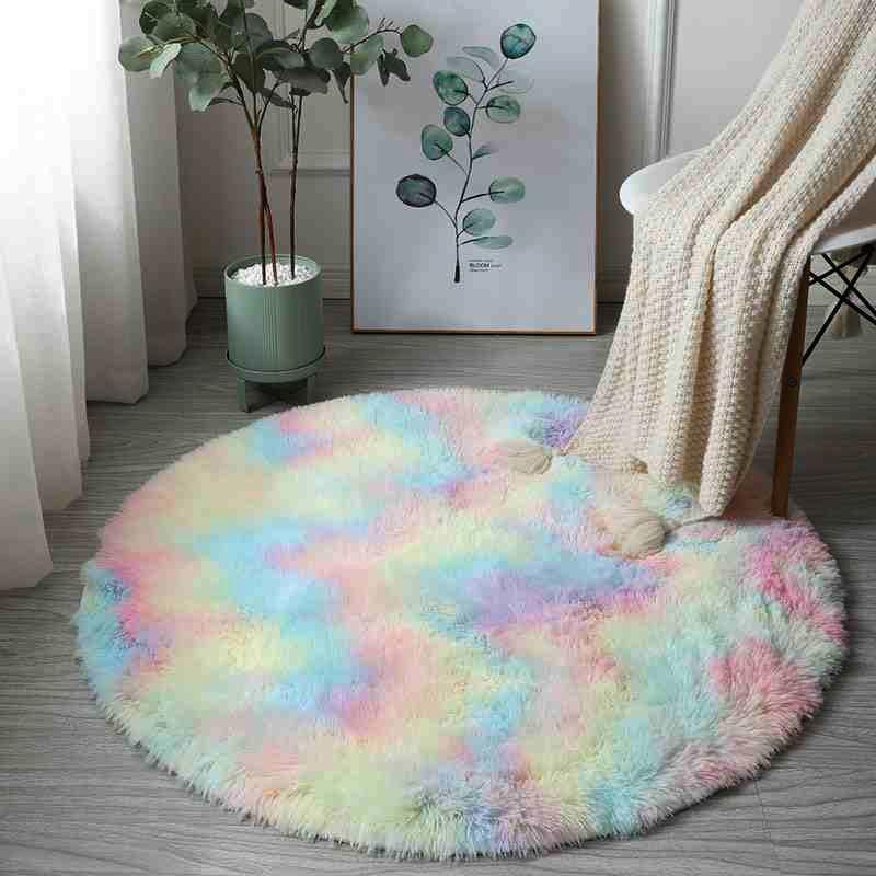 Kawaii Soft Faux Fur Round Rainbow Rug-Kawaii Dream