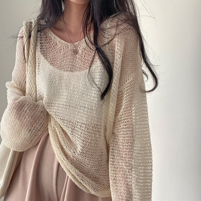 Netted Full Sleeve Loose Women's Jumper-Kawaii Dream