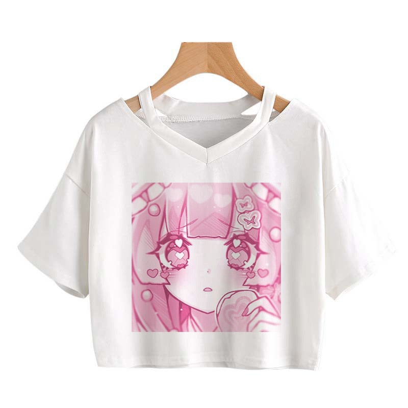 Pink Anime Girl Graphic V-neck Crop Top-Kawaii Dream