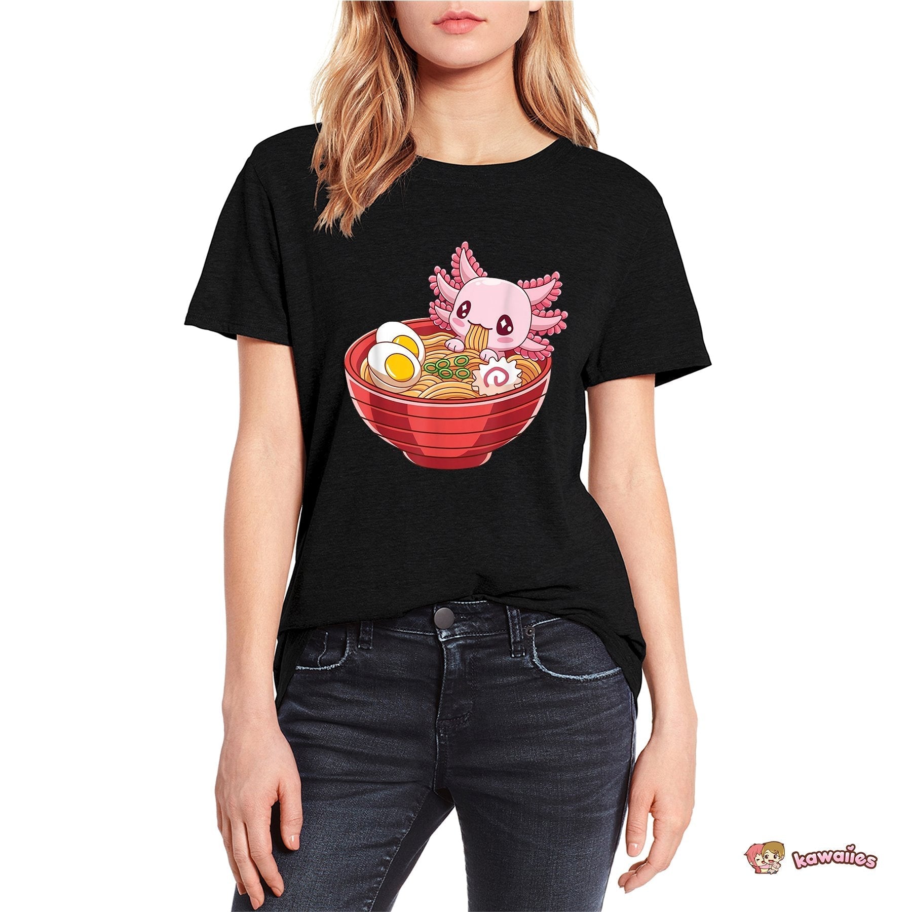 Pink Axolotl Bathing in Ramen Tee-Kawaii Dream