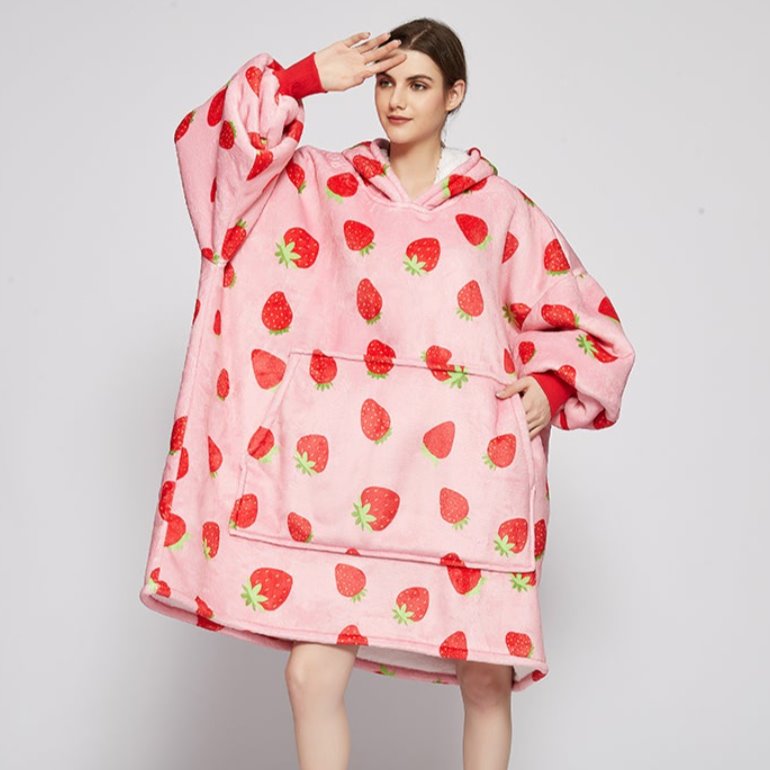 Pink Strawberry Oversized Thick Blanket Hoodie-Kawaii Dream