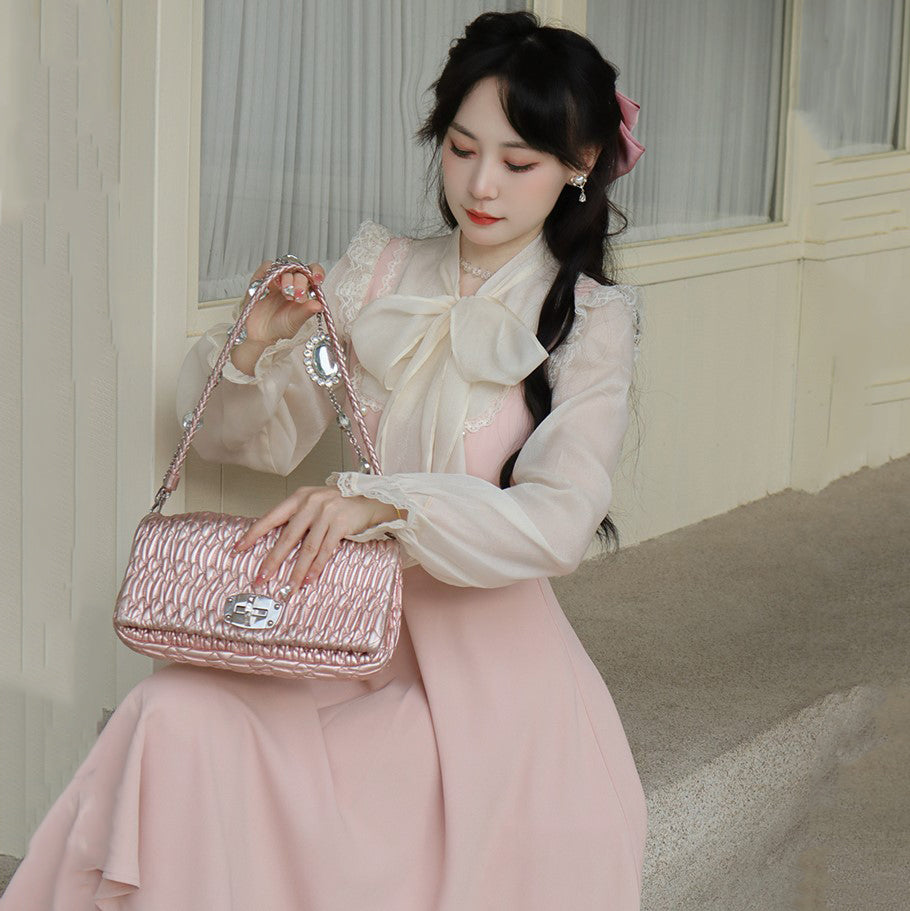 Pink White Vintage Fairytale Cottage Dress-Kawaii Dream