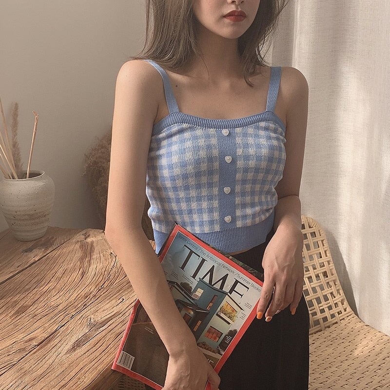 Plaid Checker Heart Button Knitted Women's Crop Top Sweater-Kawaii Dream