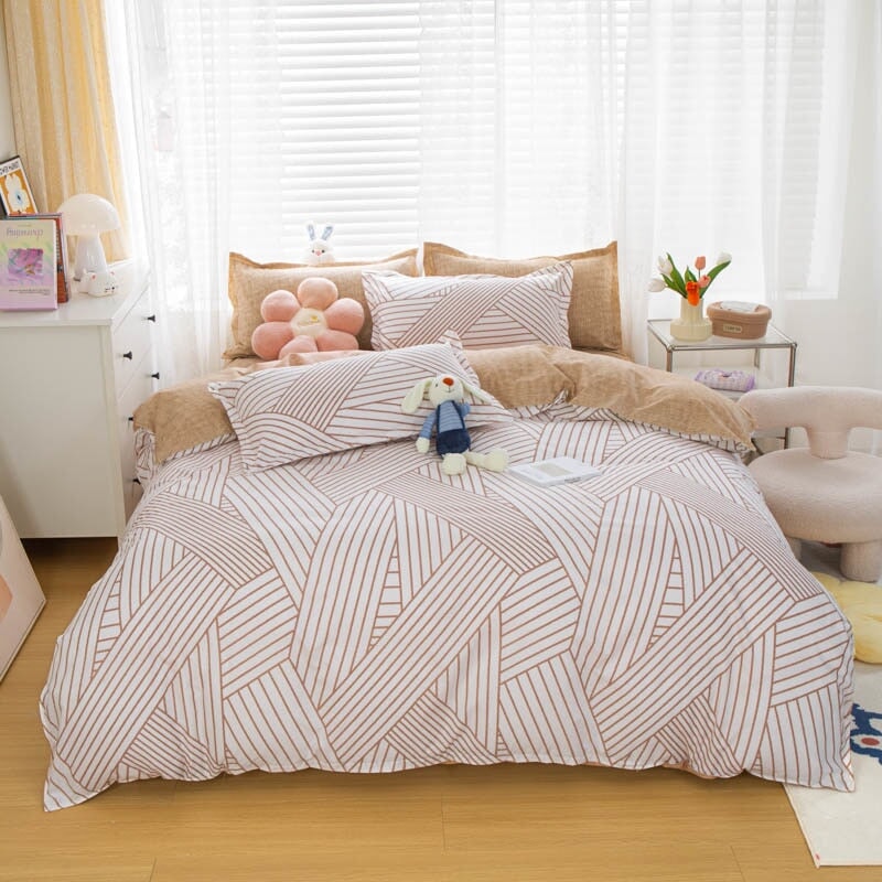 Rainbow & Neutral Striped Bedding Set-Kawaii Dream