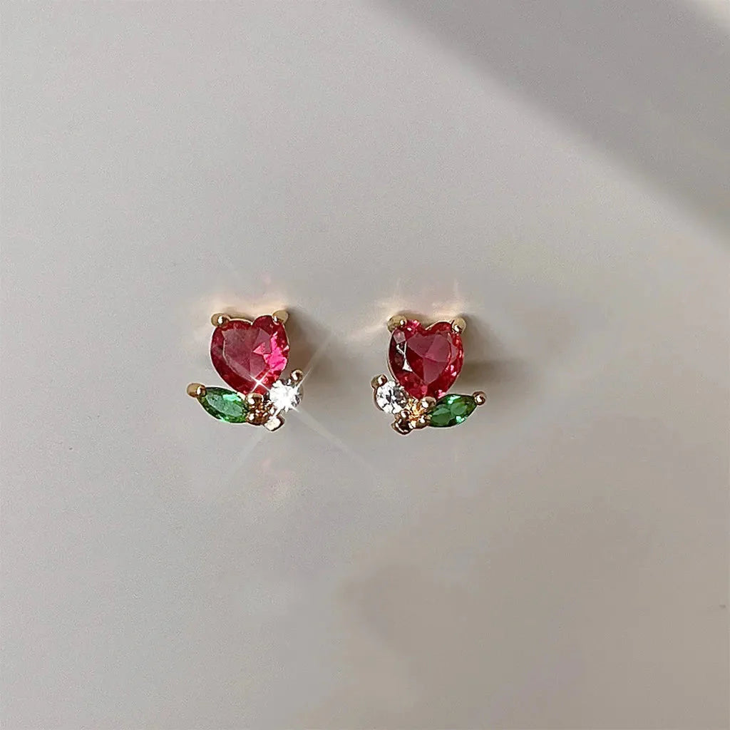 Rose Heart Flower Gold-Plated Stud Earrings-Kawaii Dream