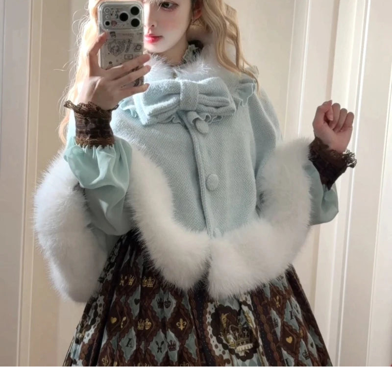 Sweet Lolita Bow Furry Hooded Cloak Coat