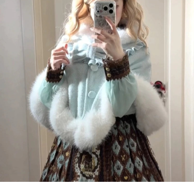 Sweet Lolita Bow Furry Hooded Cloak Coat