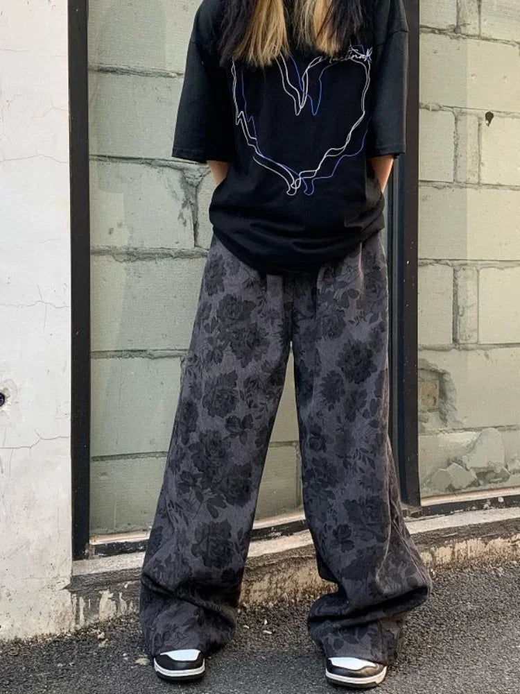 Floral Corduroy Cargo Pants High Waist