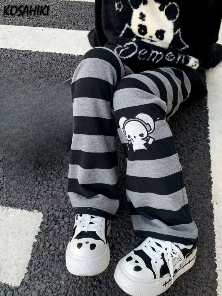 Striped Cartoon Embroidery Wide Leg Pants