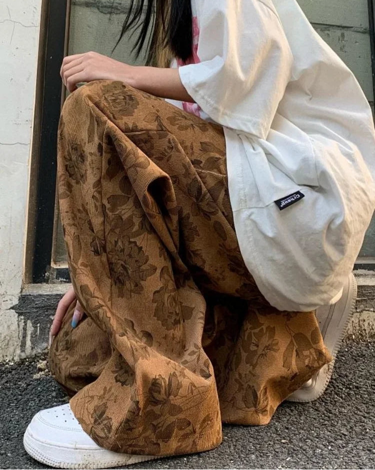 Floral Corduroy Cargo Pants High Waist