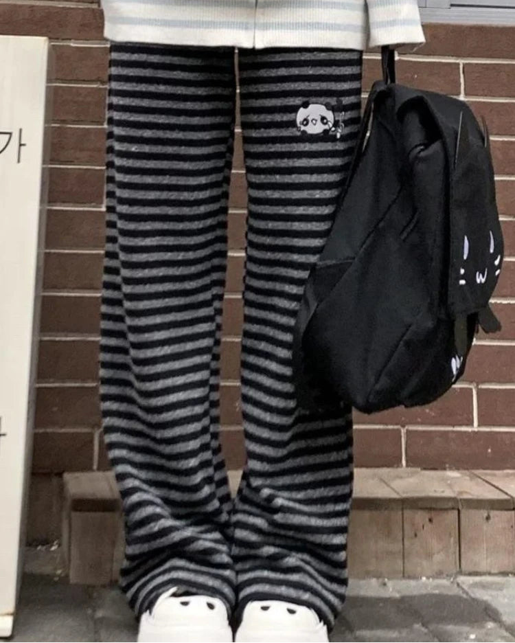 Kawaii Panda Stripe Wide Leg Pants