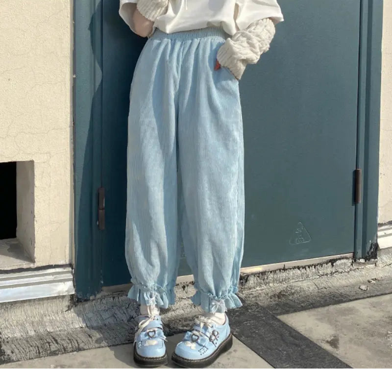 Sweet Lace Bow Corduroy Wide Leg Pants