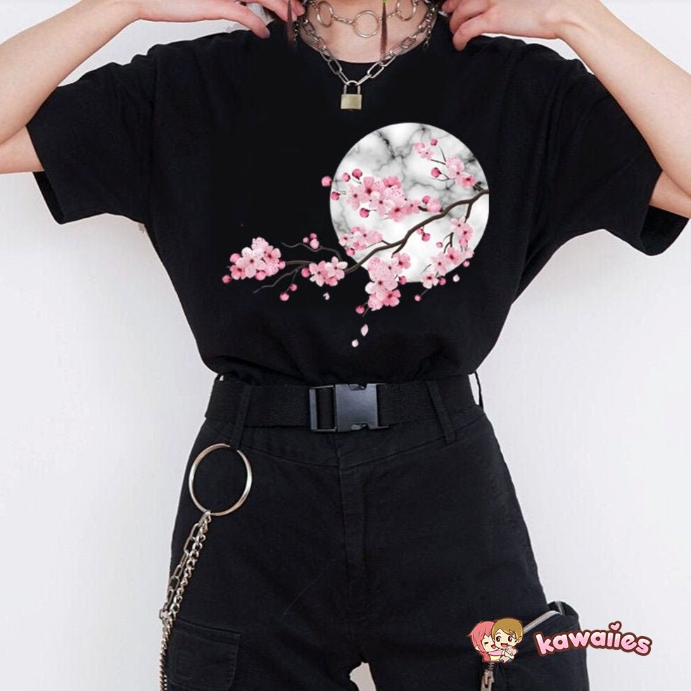 Sakura Cherry Blossom Full Moon Cotton Tee-Kawaii Dream