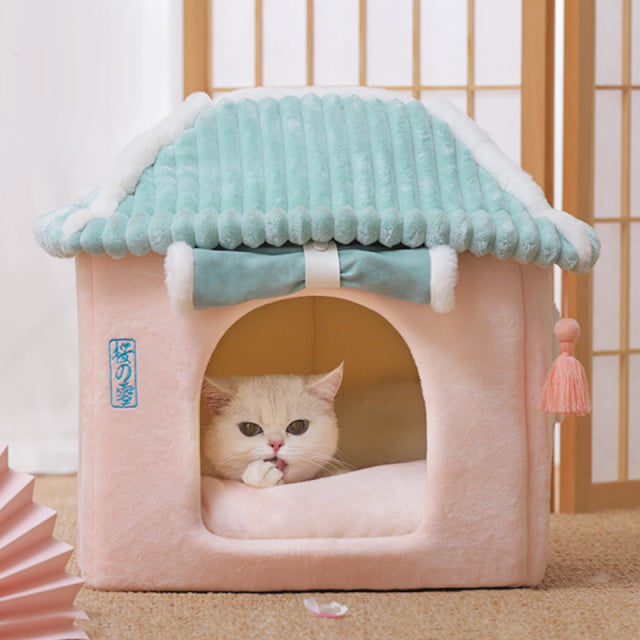 Sakura Temple Pink Green Shrine Cat Dog Bed Hideout House-Kawaii Dream