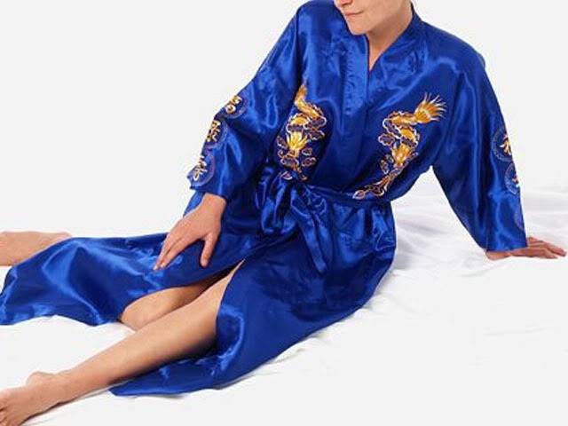 Satin Silk Golden Dragon Embroidery Long Kimono Gown-Kawaii Dream