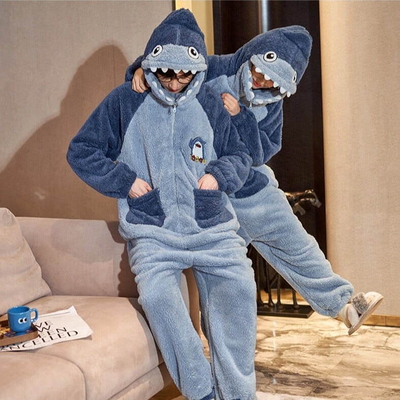 Soft Blue Shark Fluffy Pyjama 1-Piece Set-Kawaii Dream