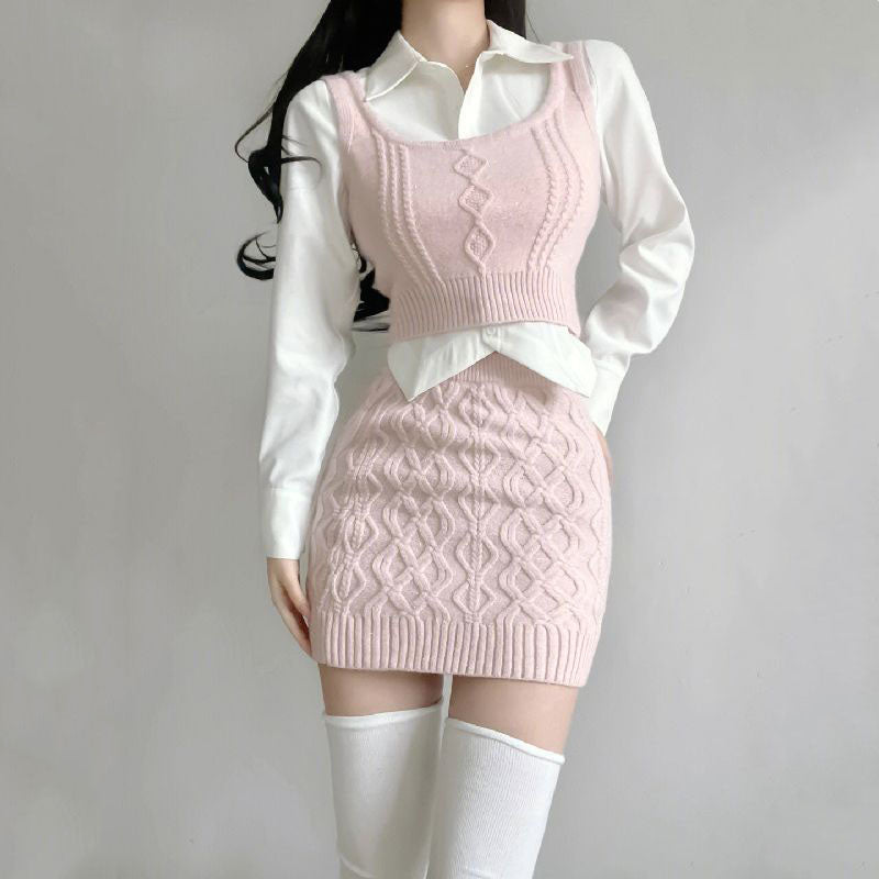 Spring Pink Elegant Knitted Tank and Skirt Three-piece Set-Kawaii Dream