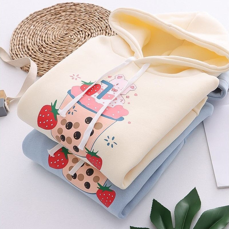 Strawberry Shake Bubble Tea White Cream Fleece Hoodies-Kawaii Dream