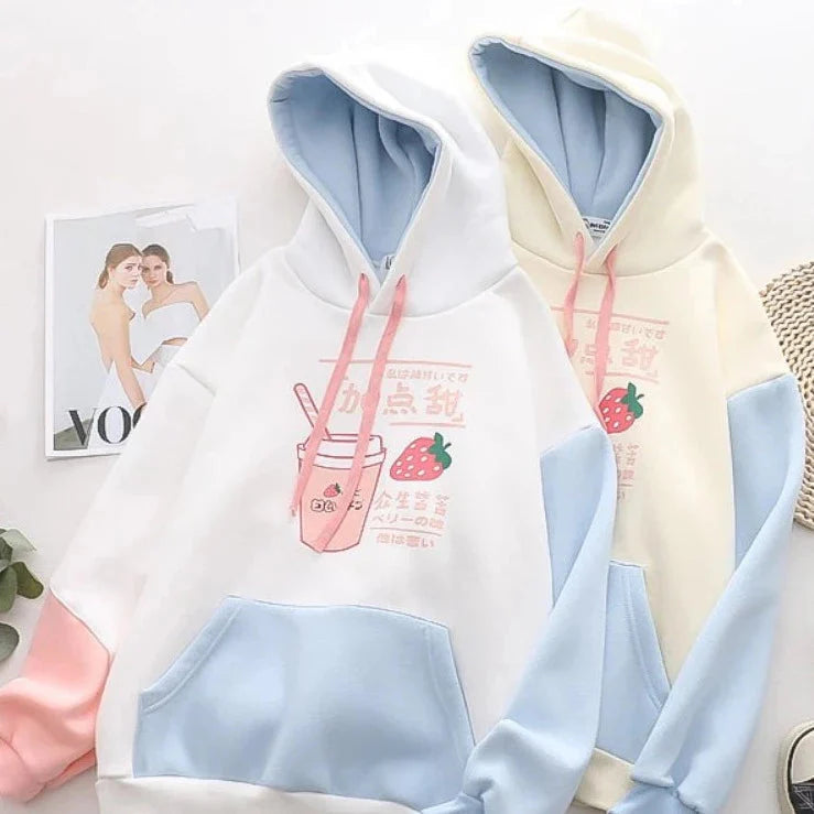 Strawberry Shake Bubble Tea White Cream Fleece Hoodies-Kawaii Dream