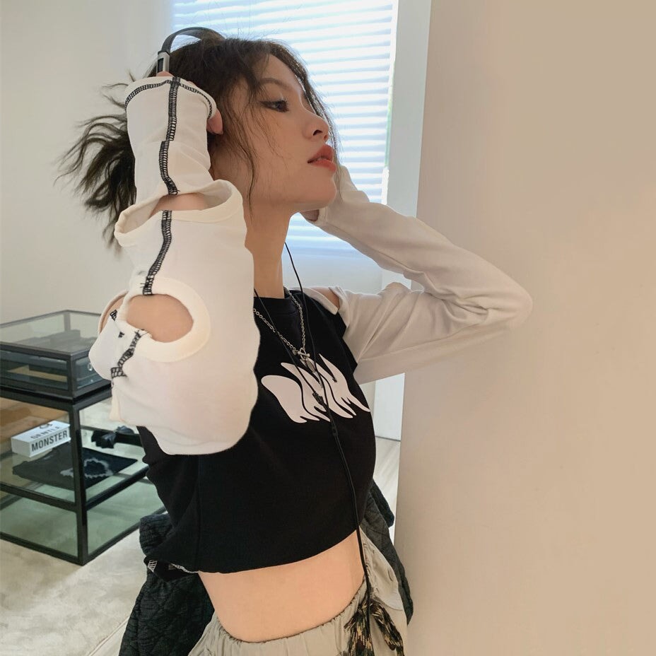 Stylish Hole Long Sleeves Flames Top-Kawaii Dream