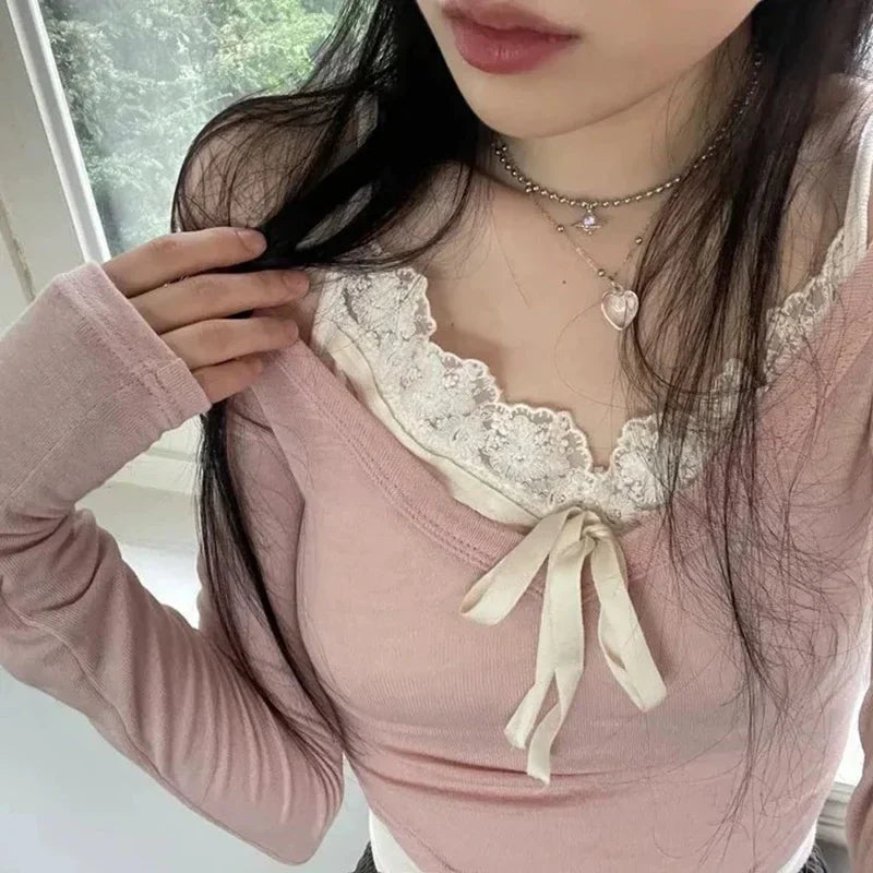 Sweet Pink Harajuku Style Slim-fit Laced Women's Top-Kawaii Dream