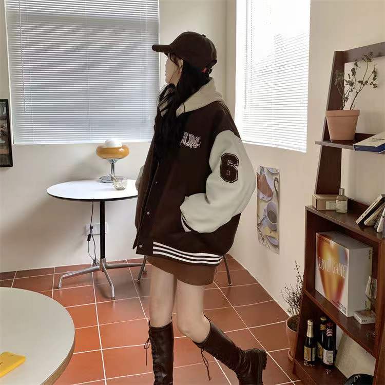 Unspecified' Six Patch Striped Burgundy Brown Women's Varsity Jacket-Kawaii Dream