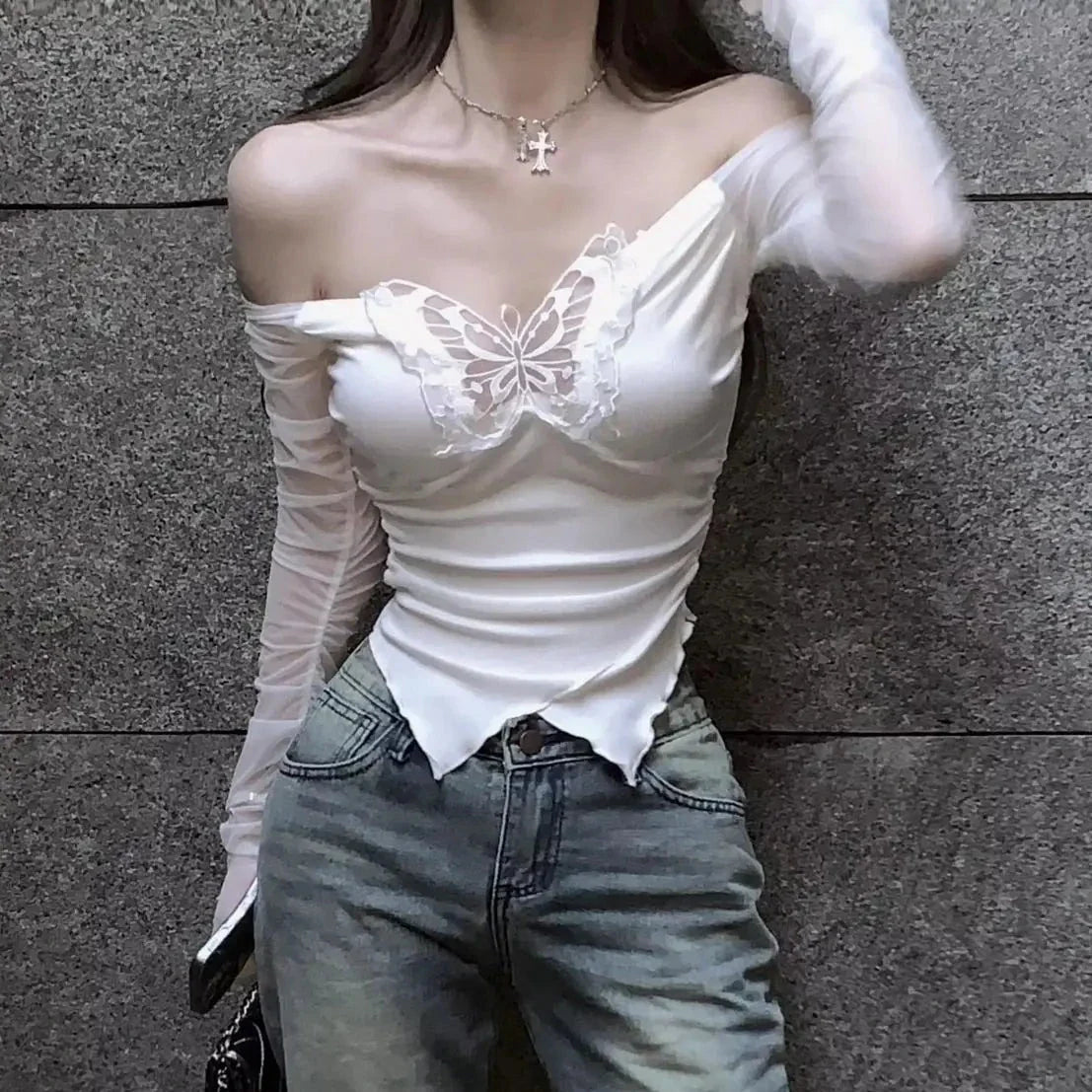 White Black Butterfly Off Shoulder Long Sleeve Women's Top-Kawaii Dream