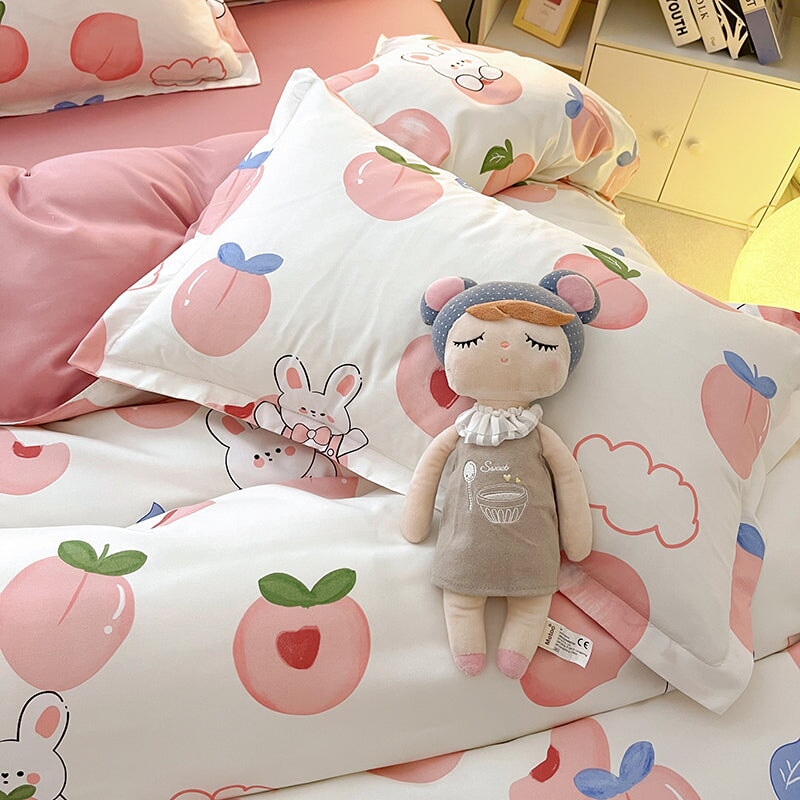 White Bunny Peach Flower Bedding Set-Kawaii Dream