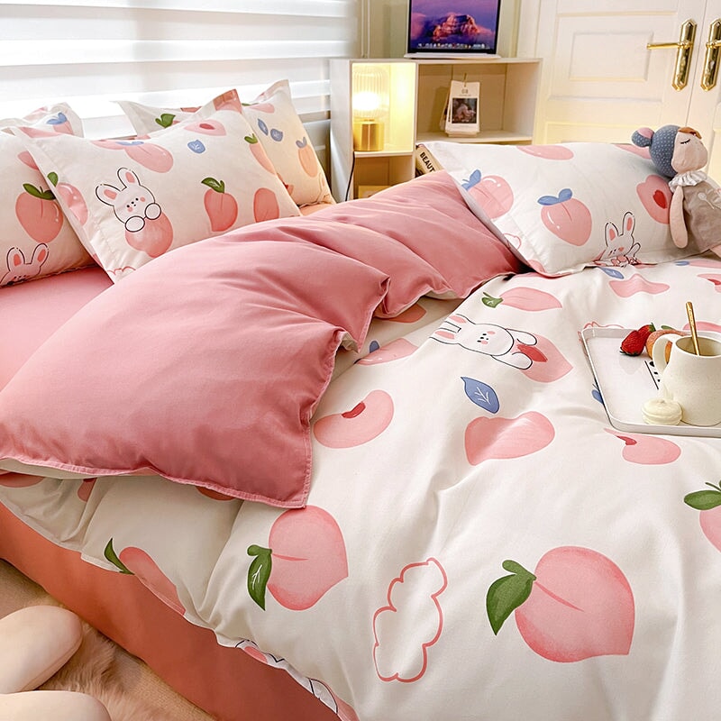 White Bunny Peach Flower Bedding Set-Kawaii Dream