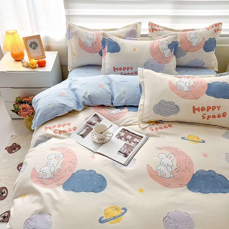 White Bunny Space Moon Bedding Set-Kawaii Dream