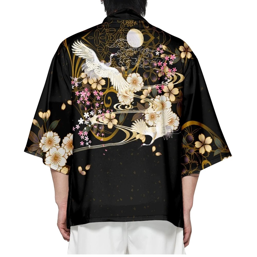 White Crane Sakura Black Unisex Kimono-Kawaii Dream