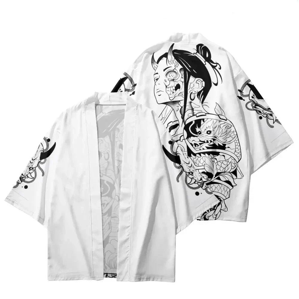 White Japanese-themed Skeleton Samurai Print Unisex Kimono-Kawaii Dream