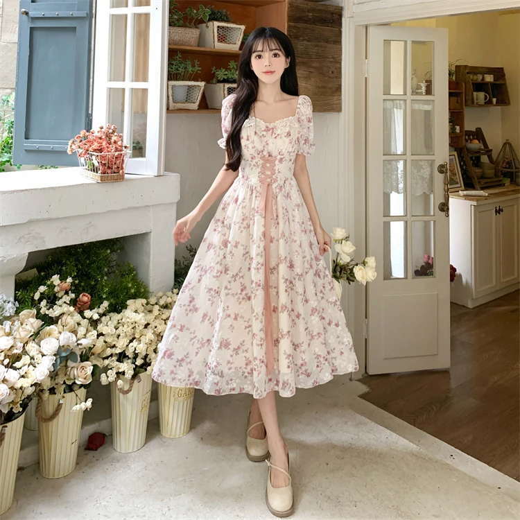 White Pink Cottage Lace Milkmaid Dress-Kawaii Dream