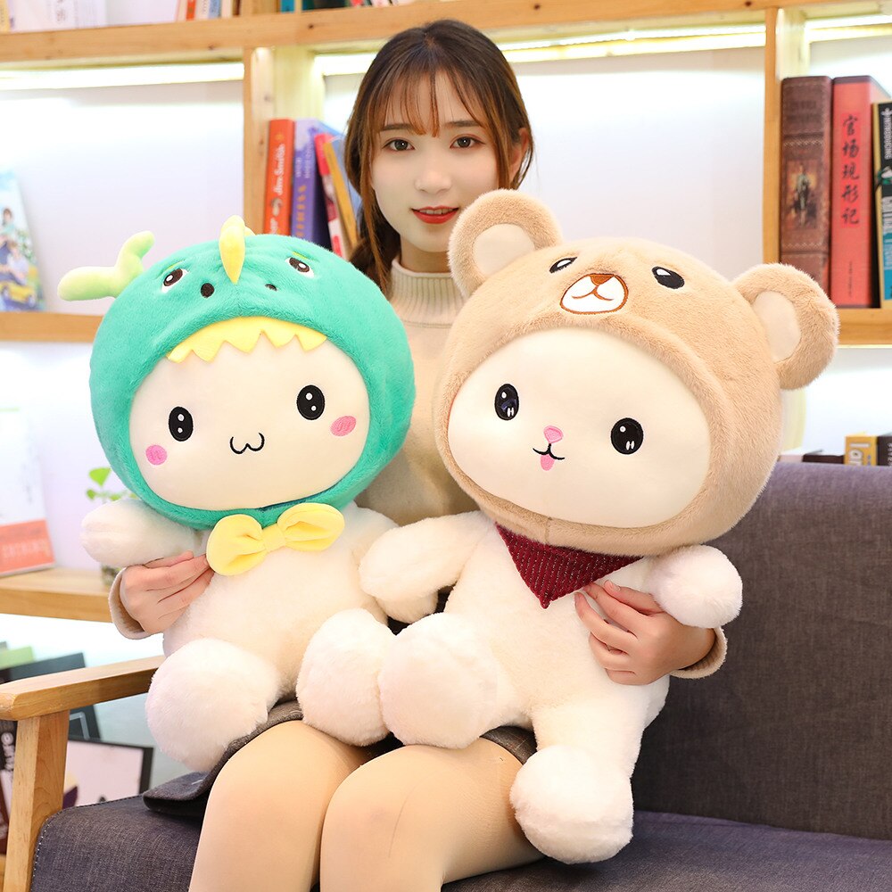 White Teddy with Bunny Bear Dinosaur Hat Plushie-Kawaii Dream