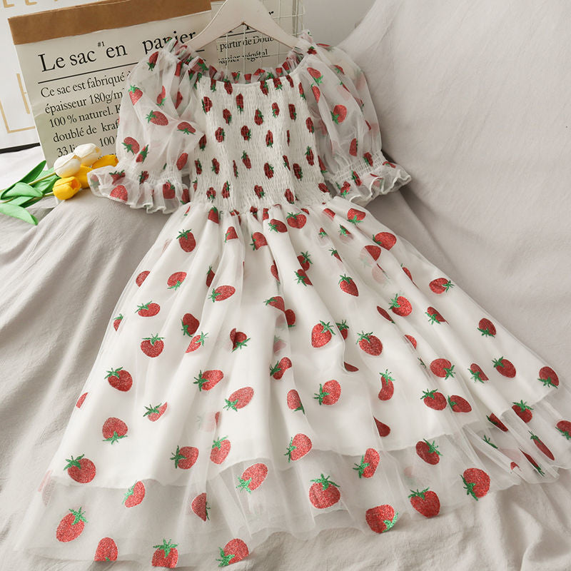 Chiffon Strawberry Puff Sleeve Dress