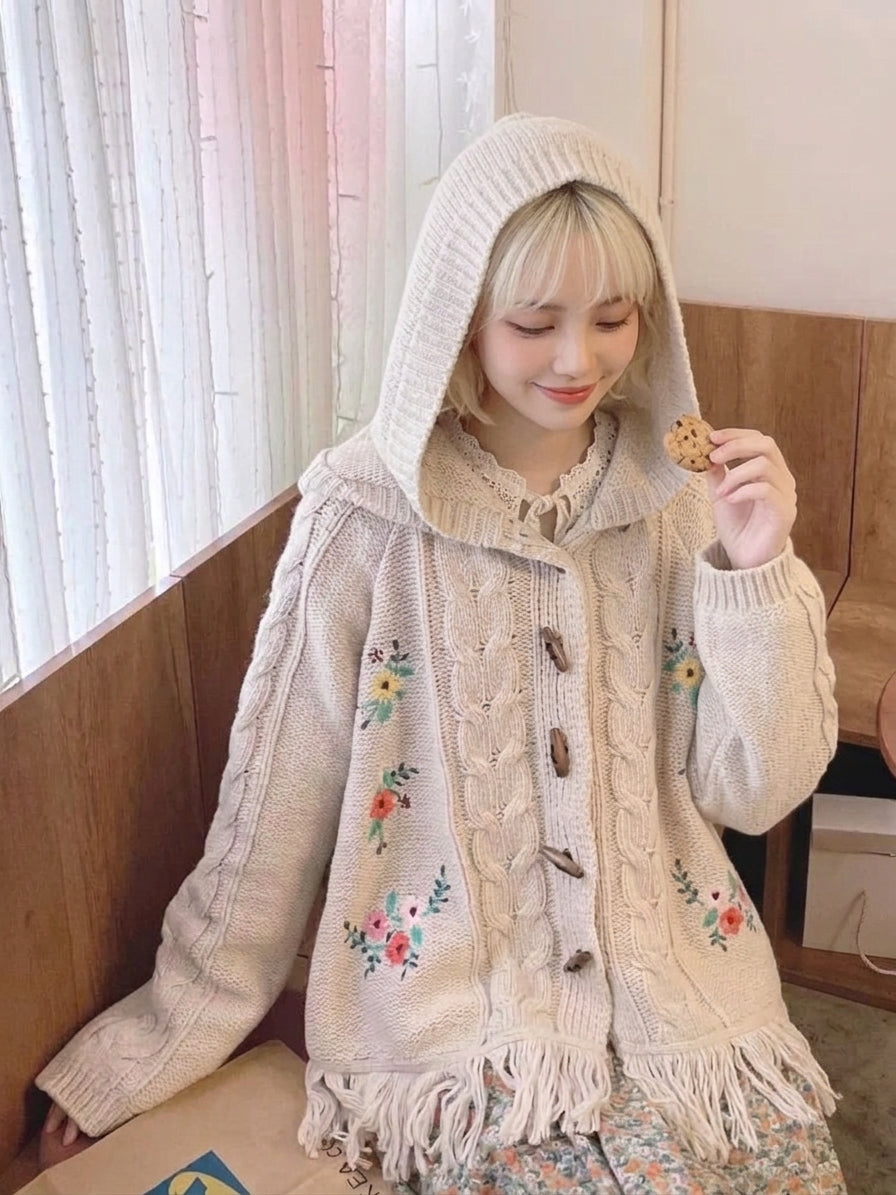 kawaii mori girl hooded cardigan cream beige cable knit floral embroidery hood up model