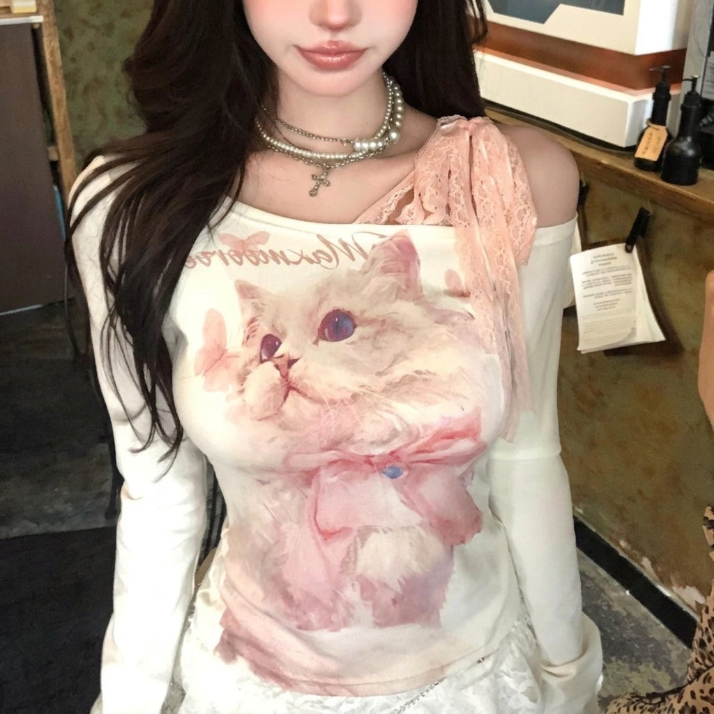 kawaii white cat print top with pink bow lace ribbon close-up front detail