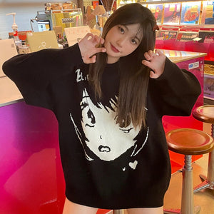 Anime Kawaii Girl Face Oversized Long Sleeve Streetwear-Kawaii Dream